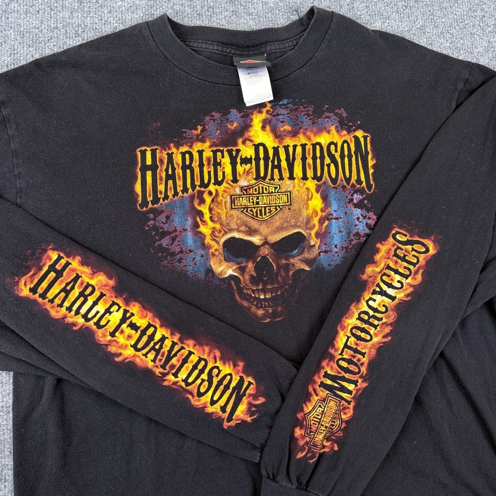 VTG Harley Davidson Long Sleeve T Shirt Mens XL Black Flames Skull Las Vegas